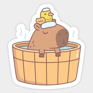 Cute Capybara and Bird Relaxing in Hot Bath Spa Soak Sticker